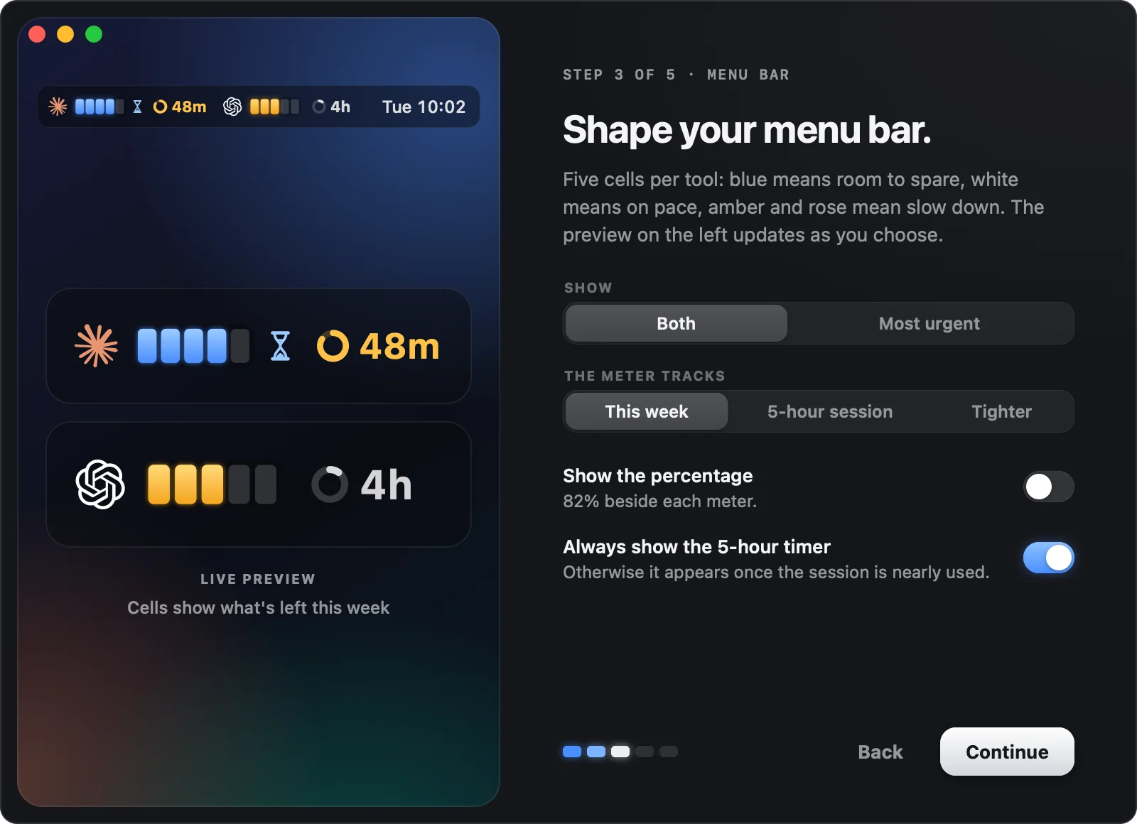 Welcome step 3 of 5: shape your menu bar, with a live preview