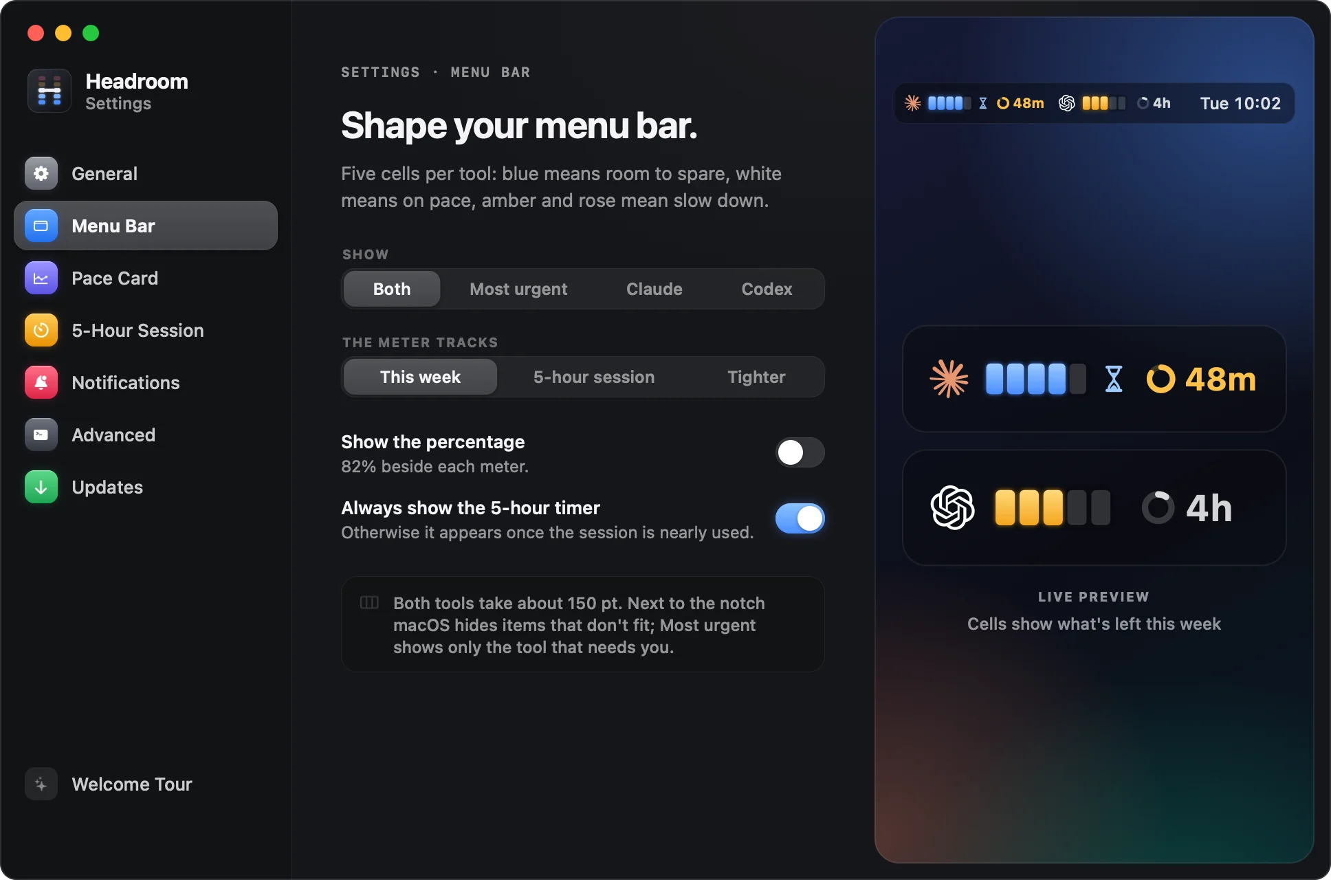 Settings with a sidebar and a live preview of the menu bar