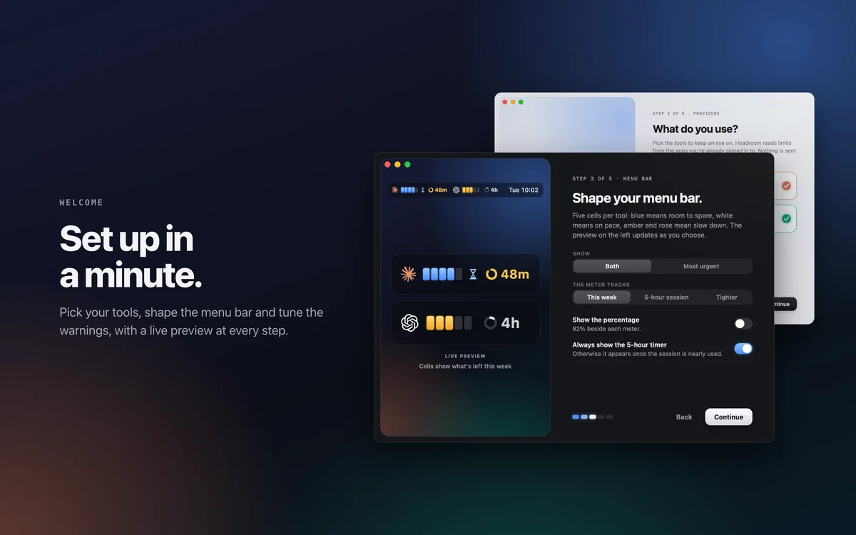 The welcome window shaping the menu bar with a live preview