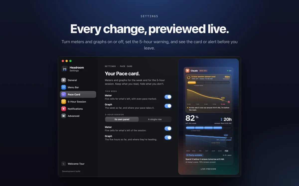 Settings, Pace Card section, beside a live preview of the card