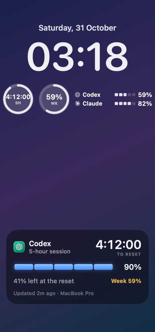 An iPhone Lock Screen with Headroom rings for the 5-hour session and the week, meters for Codex and Claude, and a Live Activity counting down the session